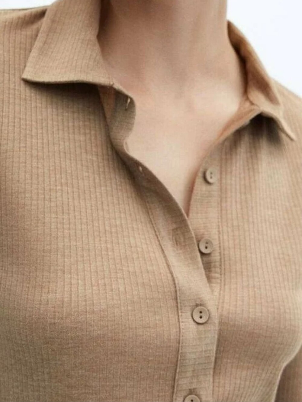 Mango Camel Ribbed Button-Down Shirt - Picture 2 of 6
